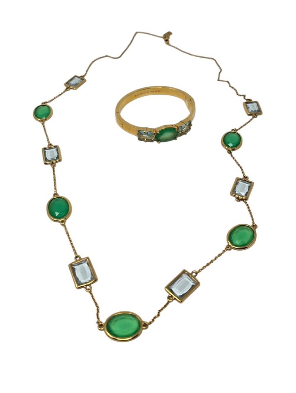 Kate Spade NY Green Cabochon Blue Crystal Necklace & Hinged Bangle Bracelet Set